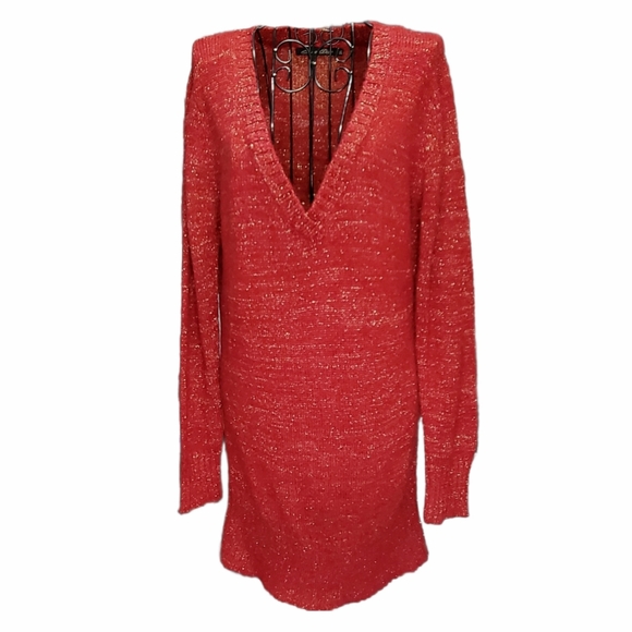 Bisou D'eve Sweaters - Plunging V Neck Red Tunic Sweater
